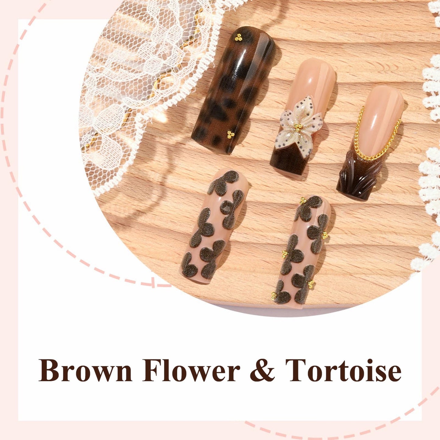 MISUD Press on Nails - Long Square Fake Nails with Fall Brown, Acrylic Flower Tortoise Shell Design 24 pcs