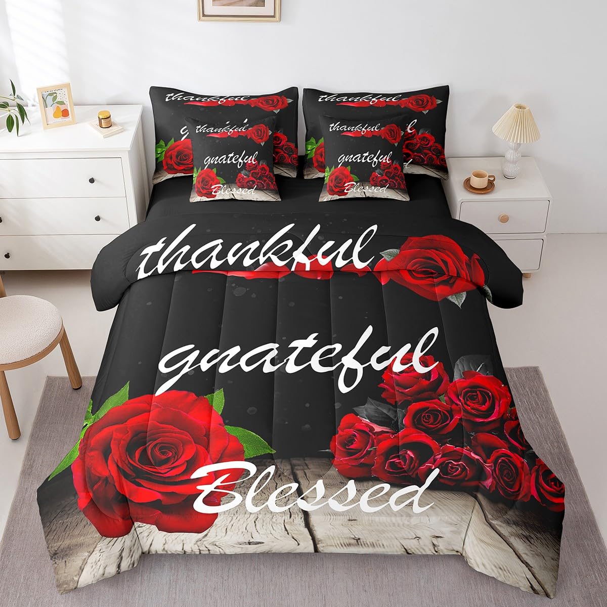 Feelyou Red Rose 7 Piece Bedding Set for Adult Couple Full Size Flower Floral Comforter Set with Sheets Boys Girls Blessed Gift Bed in a Bag Romantic Bed Set
