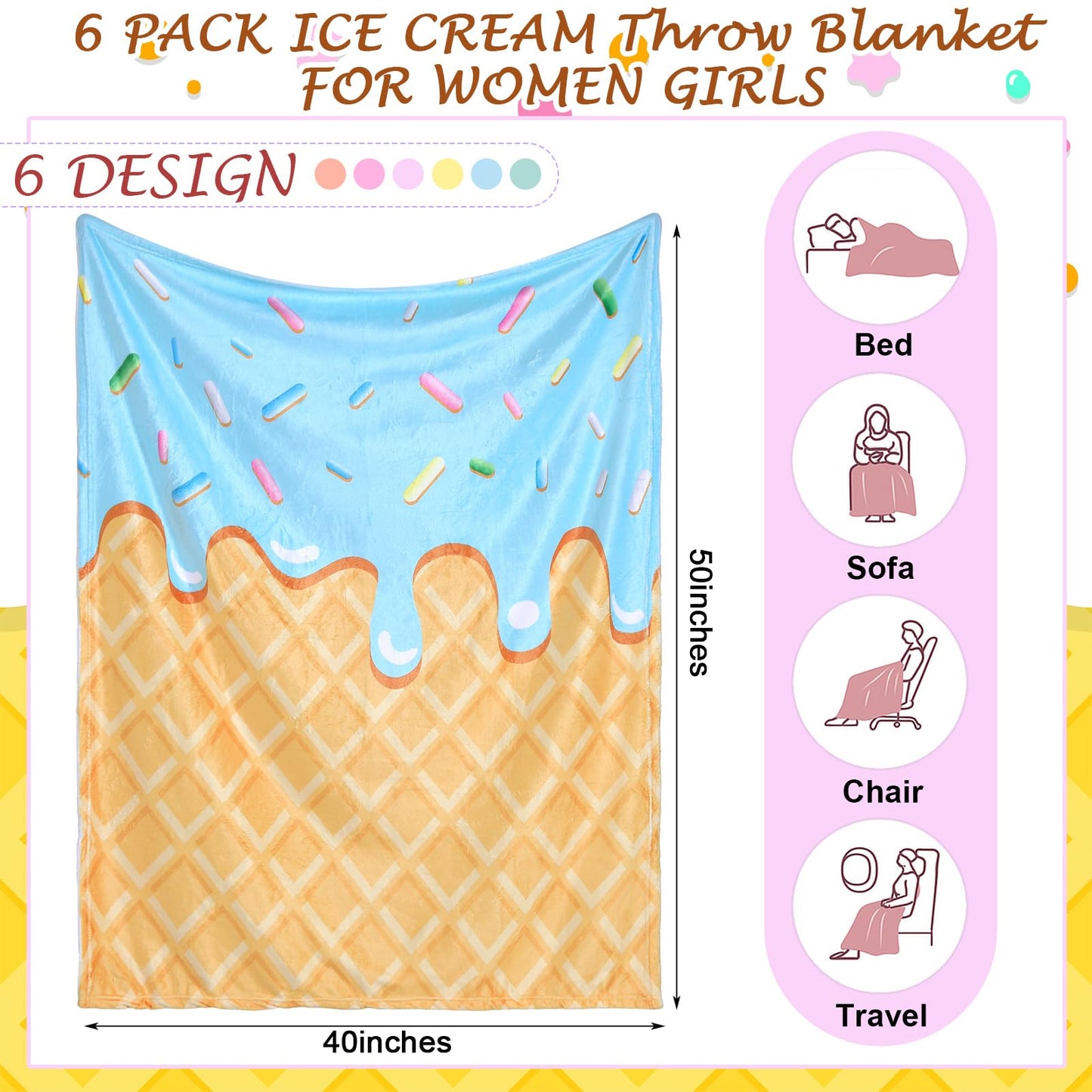 Hahafelt 6 Pack Ice Cream Throw Blankets Cute Dessert Flannel Blanket Soft Cozy Aesthetic Throw for Couch Bed Dorm Room Decor Ice Cream Party Favors Summer Party Gifts