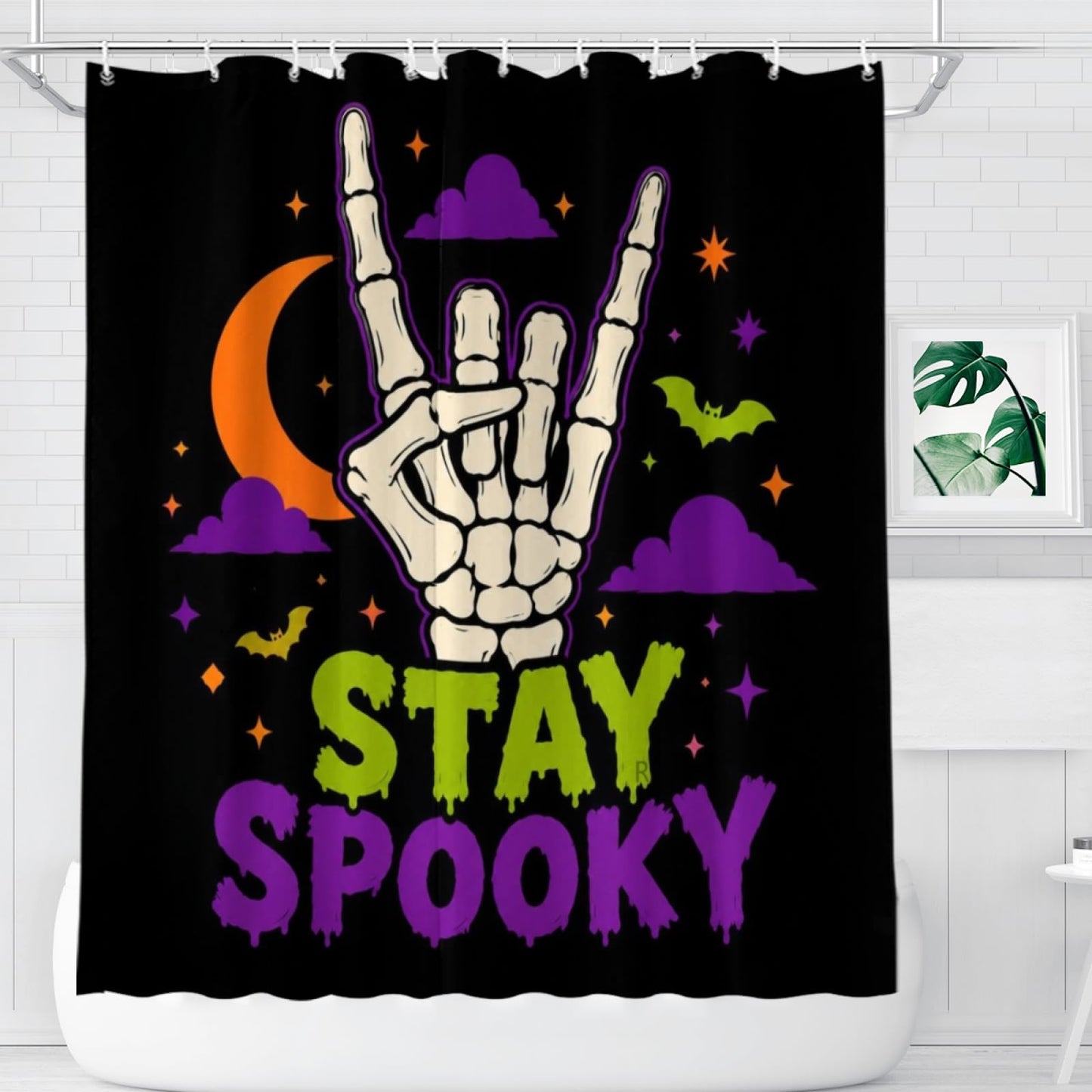 REZHOCH Skeleton Hand Shower Curtain 72x72 Inch,Stay Spooky Bone Hand Moon Bat Gothic Halloween Cartoon Art Bathroom Decor,Creepy Funny Bath Set with Hooks