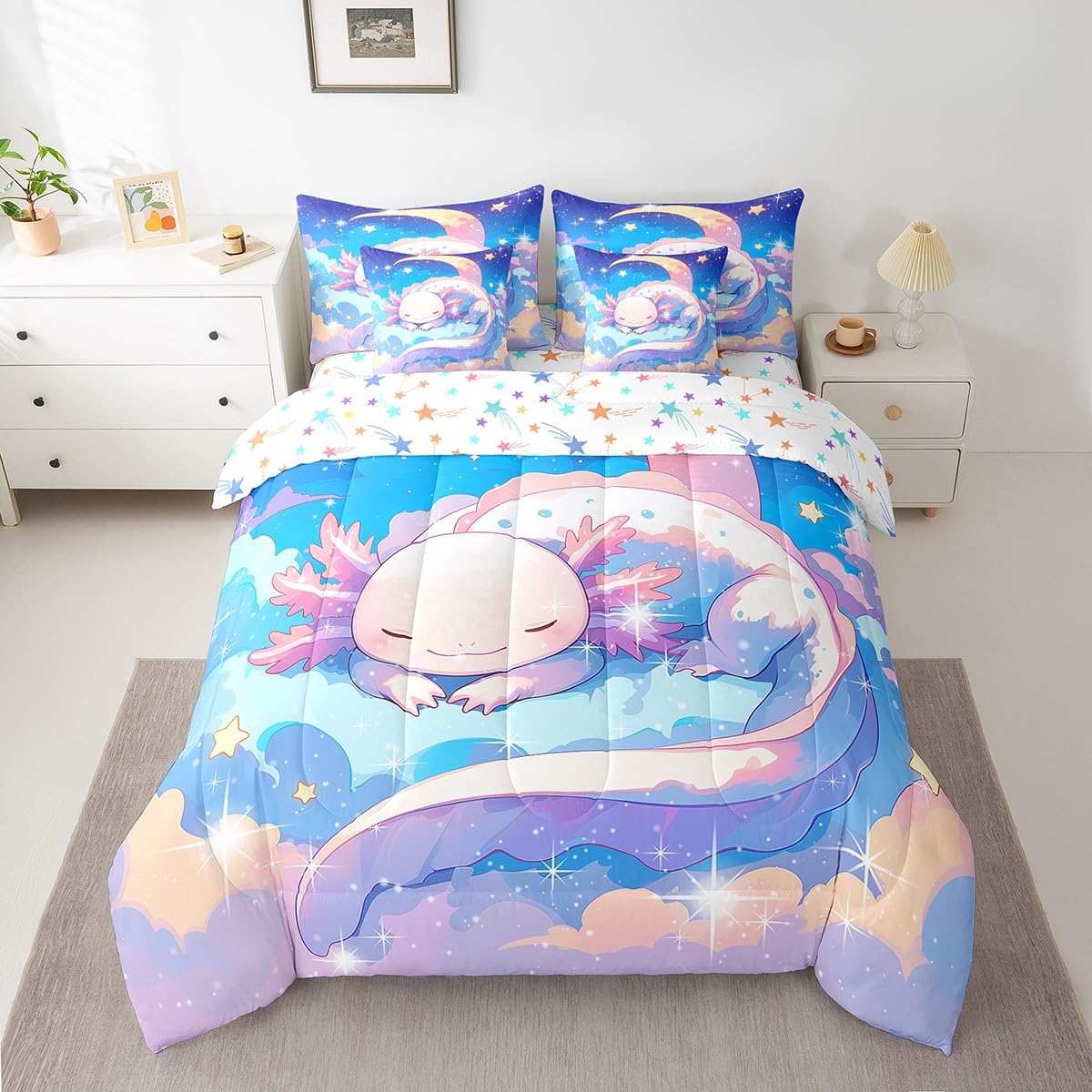 Feelyou Kids Cute Axolotl Bed in A Bag Twin Size, Galaxy 7 Pieces Bedding Set Boys Girls Cartoon Salamander Comforter Set with Sheets Kawaii Animal Teens Bed Set Bedroom Decor 7Pcs