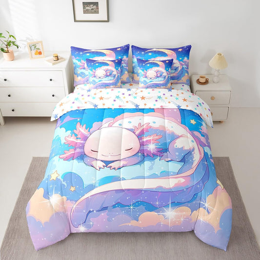 Feelyou Kids Cute Axolotl Bed in A Bag Twin Size, Galaxy 7 Pieces Bedding Set Boys Girls Cartoon Salamander Comforter Set with Sheets Kawaii Animal Teens Bed Set Bedroom Decor 7Pcs