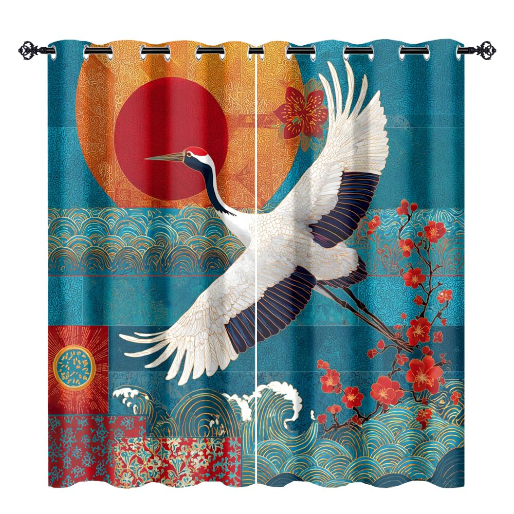 XSUPFLYM Rustic Abstract Japanese Crane Window Perforated Curtains Classic Red Sun Animal Crane Cherry Blossom Great Waves Thermal Curtains Suitable for Bedroom Living Room 2 Panels.Each 21"W x 45"L