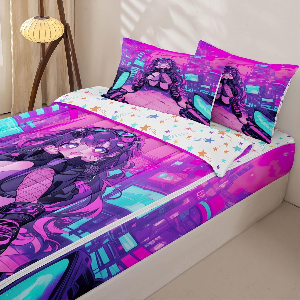 Erosebridal Fashion Girls Kids Comforter Set with Zipper, Japanese Girl Twin Size Zipper Bedding Set, Girly 3D Gaming Bed-in-A-Bag
