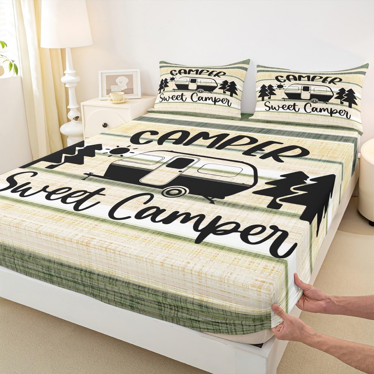 Feelyou Camper Sheet Set for Kids Boys Girls Sheets with Deep Pocket Fitted Sheet Happy Camping Bed Sheets Set Bedroom Decor RV Camping Camper Accessories for Travel Trailers Bedding Set Full 4Pcs
