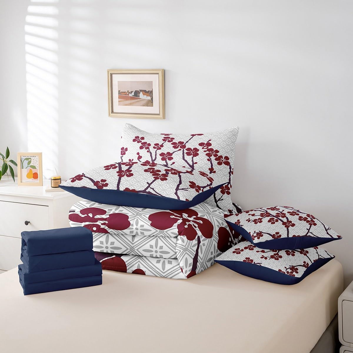Erosebridal Cherry Blossom 7 Piece Comforter Set Queen Bed in a Bag,Japanese Cherry Blossom Bedding Set for Girls Women Bedroom,Red and Grey Quilt Duvet,Spring Flower Floral Branches Sheet Set