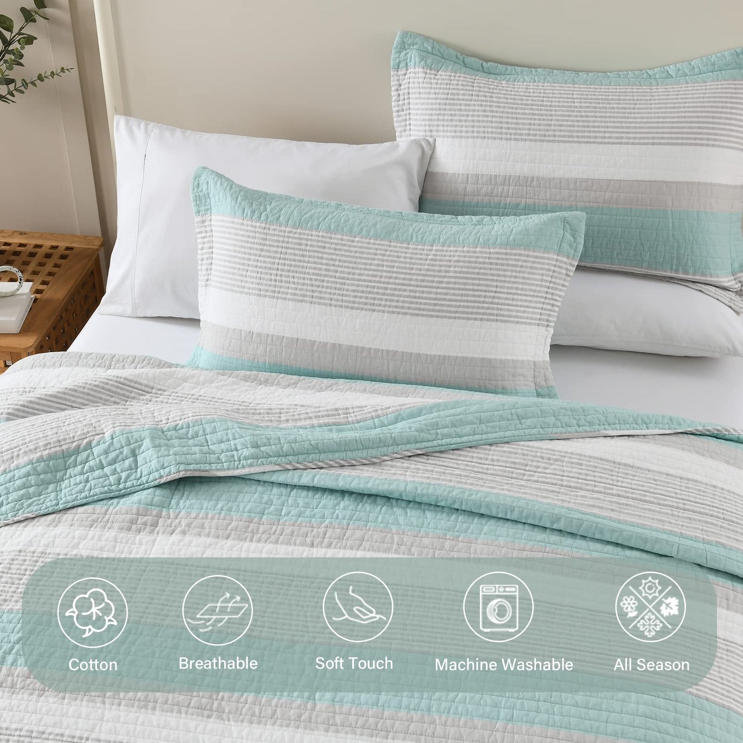 Finlonte King Quilt Striped Bedspread, 100% Cotton King Size Quilt, LightBlue Gray King Quilt Sets, Lightweight Soft King Bed Quilt for All Season