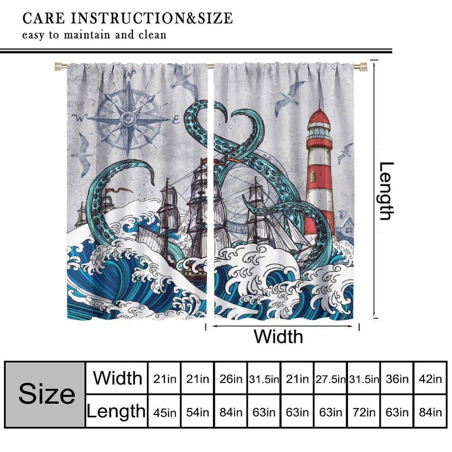 Nautical Curtains Vintage Blue Octopus Sea Monster Sailboat Map Rustic Lighthouse Compass Scene Ocean Beach Windows Treatments Rod Pocket For Boys Kids Living Room Bedroom 42x44.5In（No Blackout）
