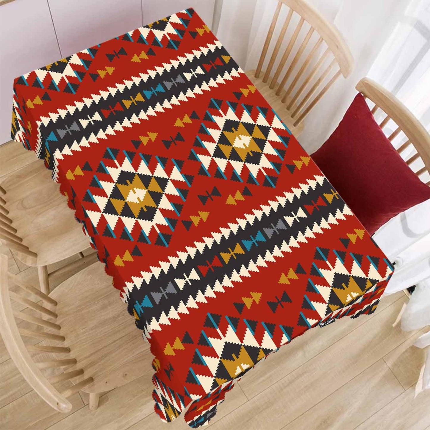 Beabes Ethnic Aztec Decorative Table Cover for Kitchen, Tribal American Geometric Pattern Oblong Tablecloth Dining Table Cloth Tabletop Tablecloths for BBQ Picnic Coffee 52"X70" Red