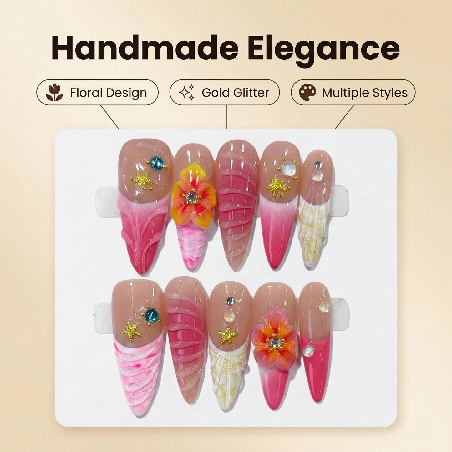 Handmade Press on Nails Pink French Tip Fake Nails Long Stiletto False Nails with 3D Flower Beach Designs Sparkly Rhinestones Charm luxury Artificial Nails for Women (Size M）10pcs