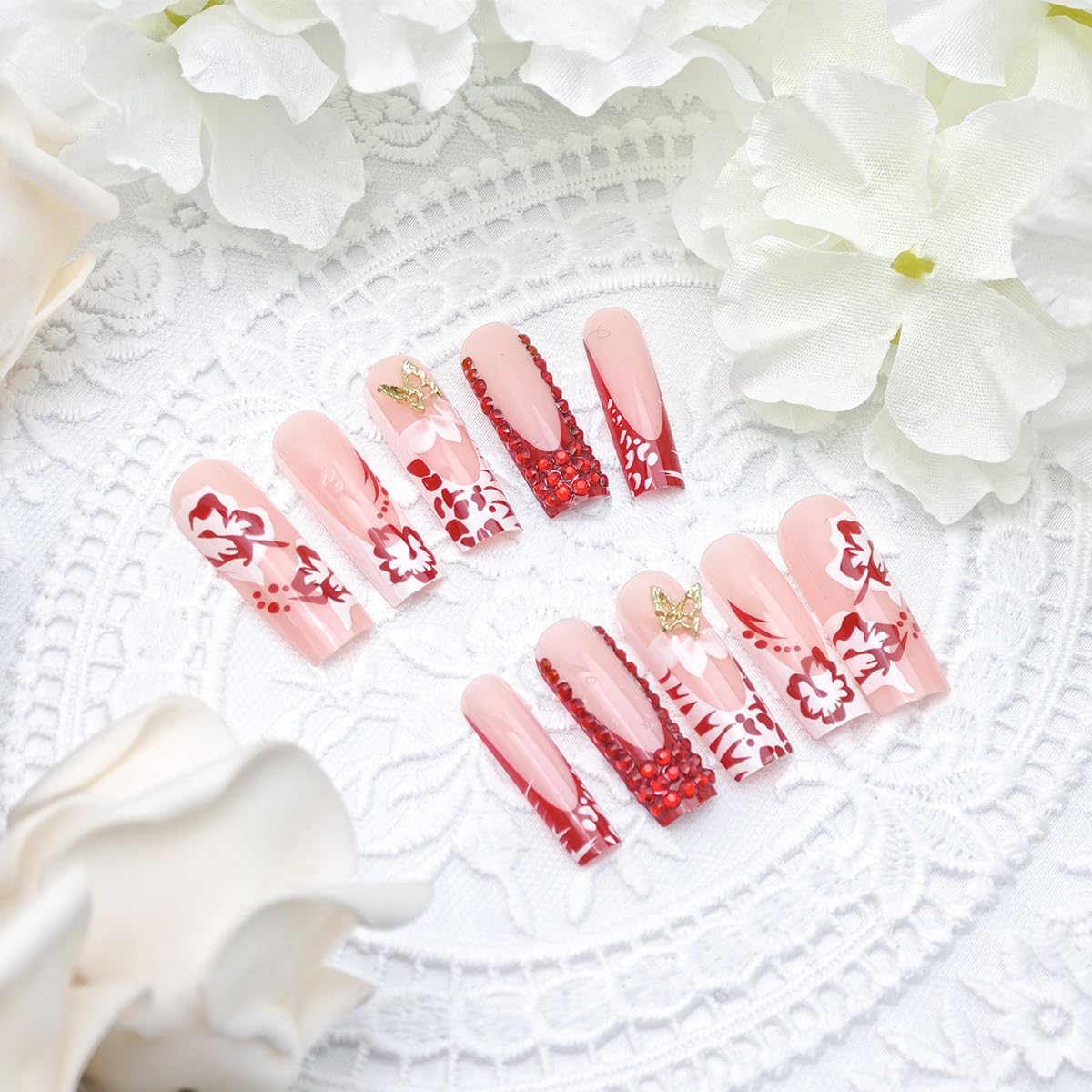 24 Red French Tip Press on Nails Long Coffin Fake Nails 3D Butterfly Rhinestones Glitter Designs Full Cover Hibiscus Flower Stick on Nails Spring Summer False Nails for Women Manicure Decorations DIY