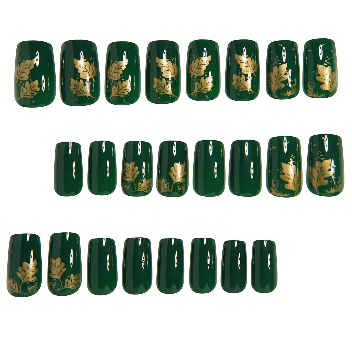 Dark Green Press on Nails Square Medium Fake Nails Glossy Acrylic Stick on Nails with Gold Leaf Designs Full Cover Glue on Nails Solid Color Nail Press ons Artificial Nails Glue on 24Pcs