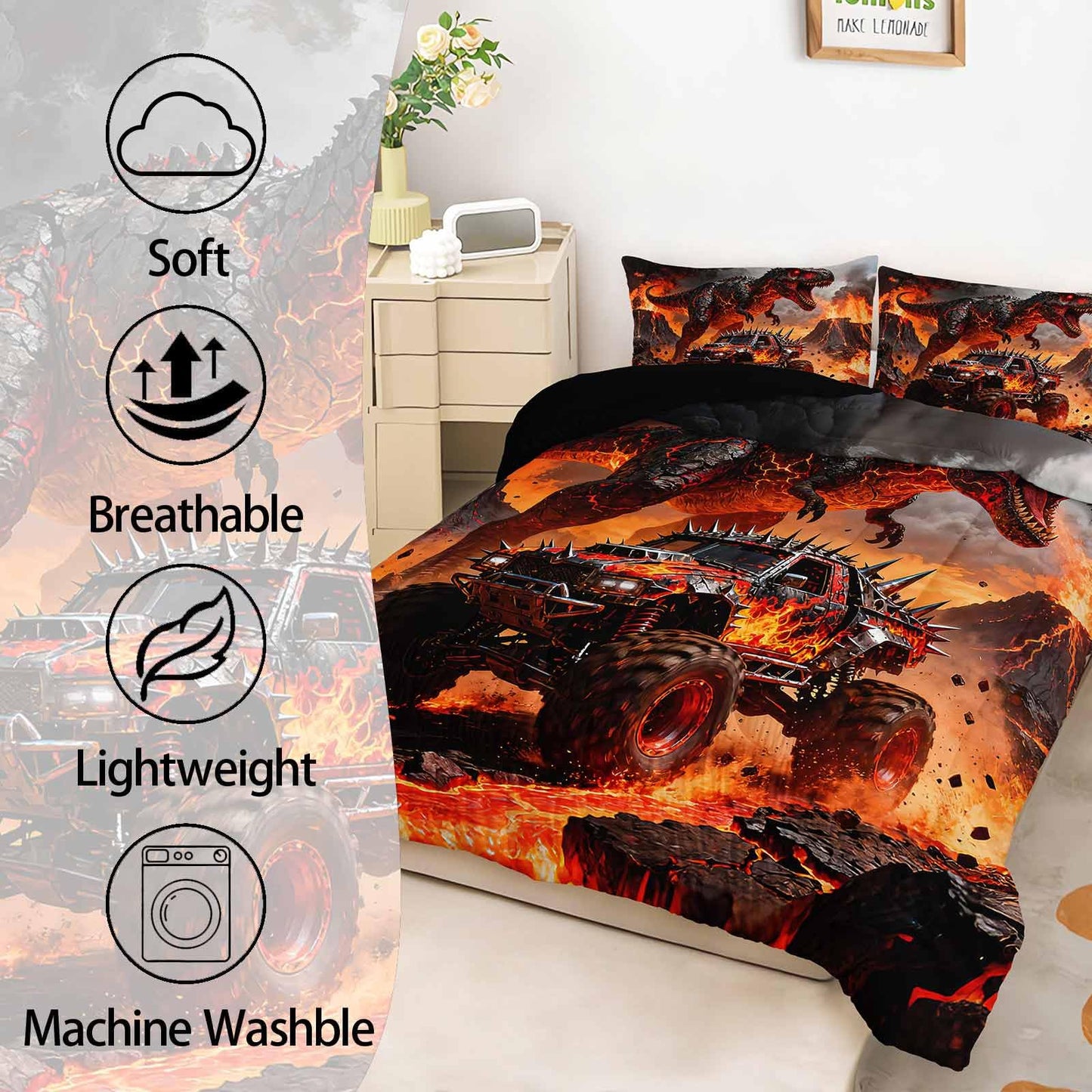 AILONEN Dino Monster Truck Comforter Set Twin 3 Piece - Black Volcano Flame Bedding for Kids Boys - Soft Microfiber with 2 Pillowcases