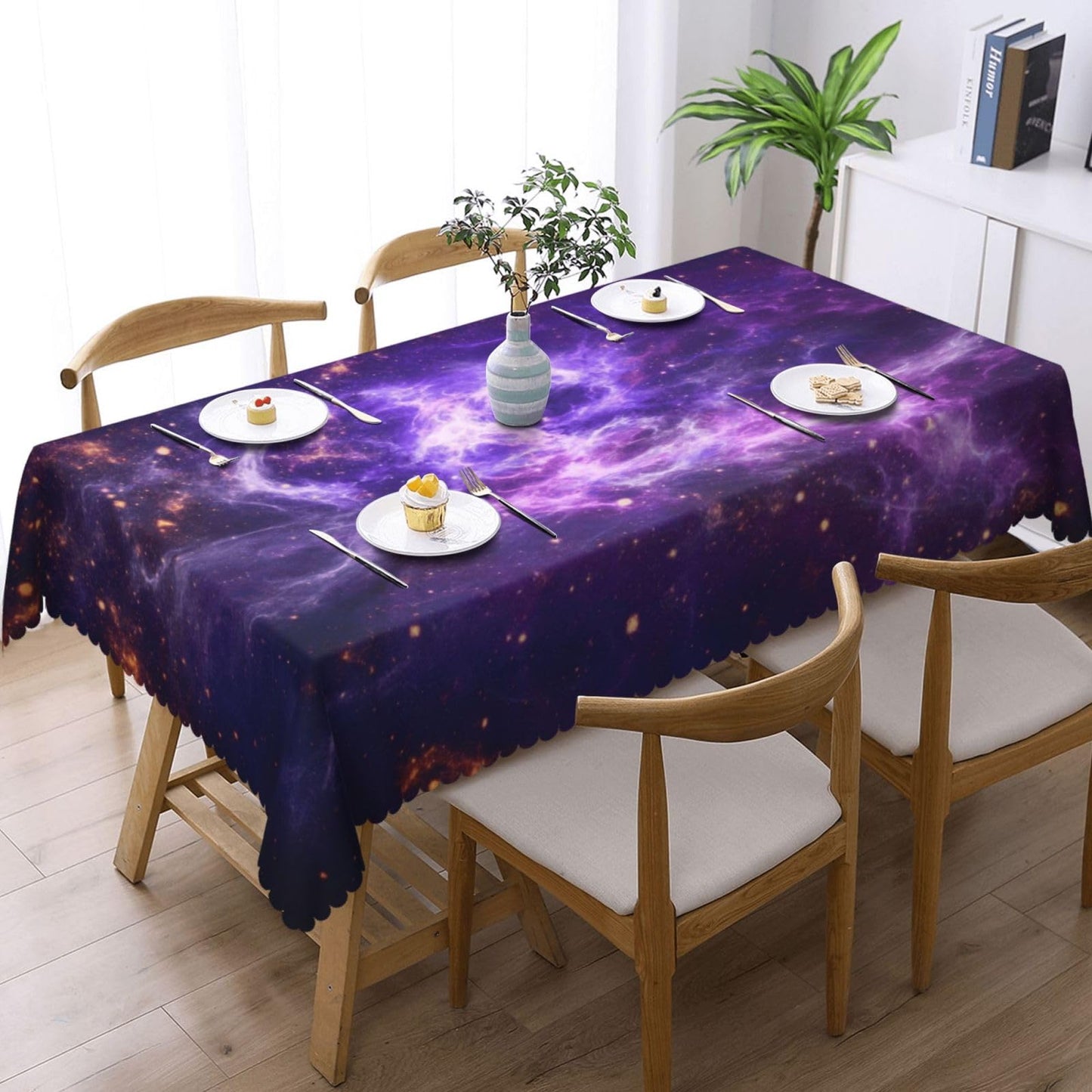 GOUROISE Galaxy Starry Night Sky Stars Rectangular Tablecloth, Galaxy Universe 54x72 Inch Wavy Lace Border Polyester Table Cloth for Dining, Kitchen, Parties