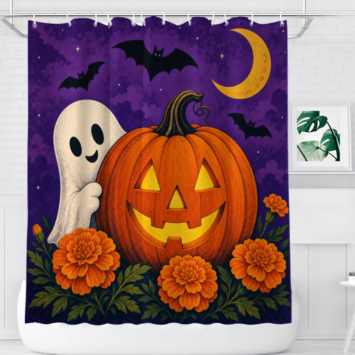 TopPacific Halloween Ghost Pumpkin Shower Curtain 72x72 Inch Shower Curtain with 12 Hooks Polyester Ghost Jack O Lantern Bats Crescent Moon Purple Background Bathroom Decor