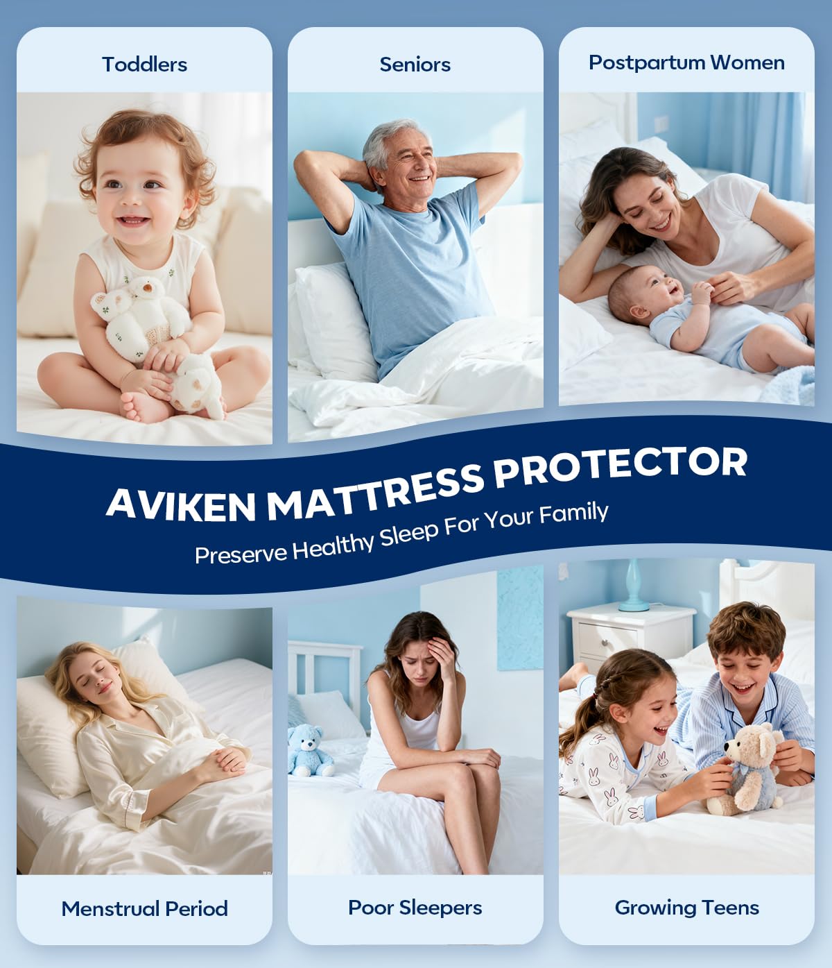 AVIKEN Waterproof Mattress Protector Queen Size, Soft Breathable Mattress Pad with Deep Pocket 8"-21", Noiseless 3D Air Fabric Cooling Mattress Cover for Bed, Machine Washable, White