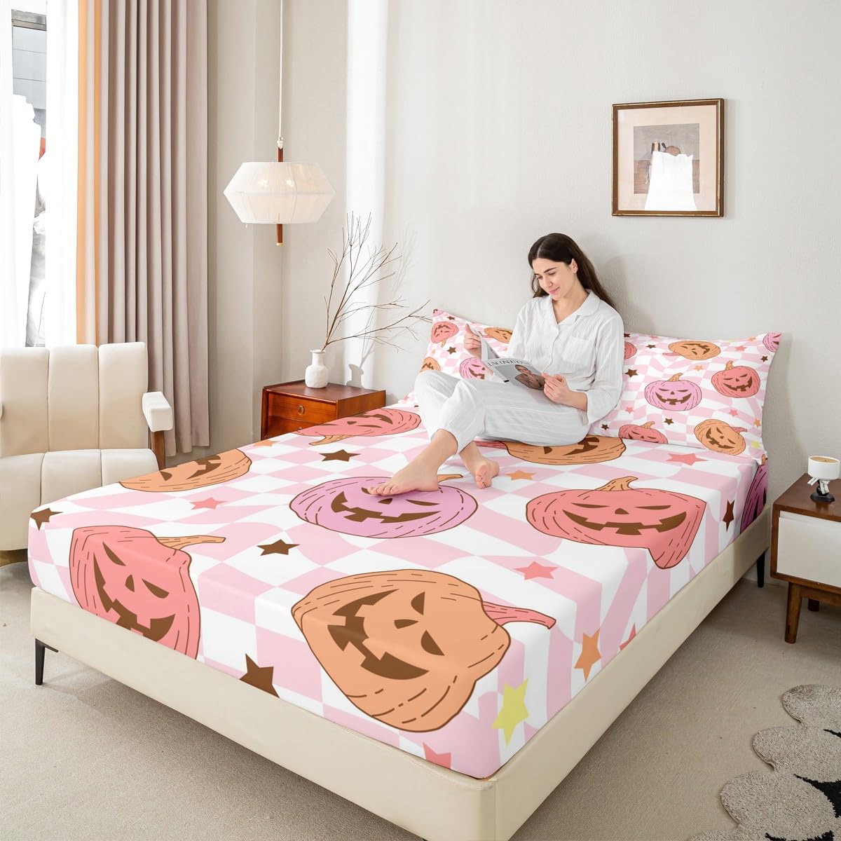 Feelyou Pink Halloween Fitted Sheet with 2 Pillowcases Full Size Halloween Decor Bed Sheets Set 16" Deep Pocket Boys Girls Pumpkin Bedding Trick or Treat Teens Bedroom Decor Breathable Microfiber