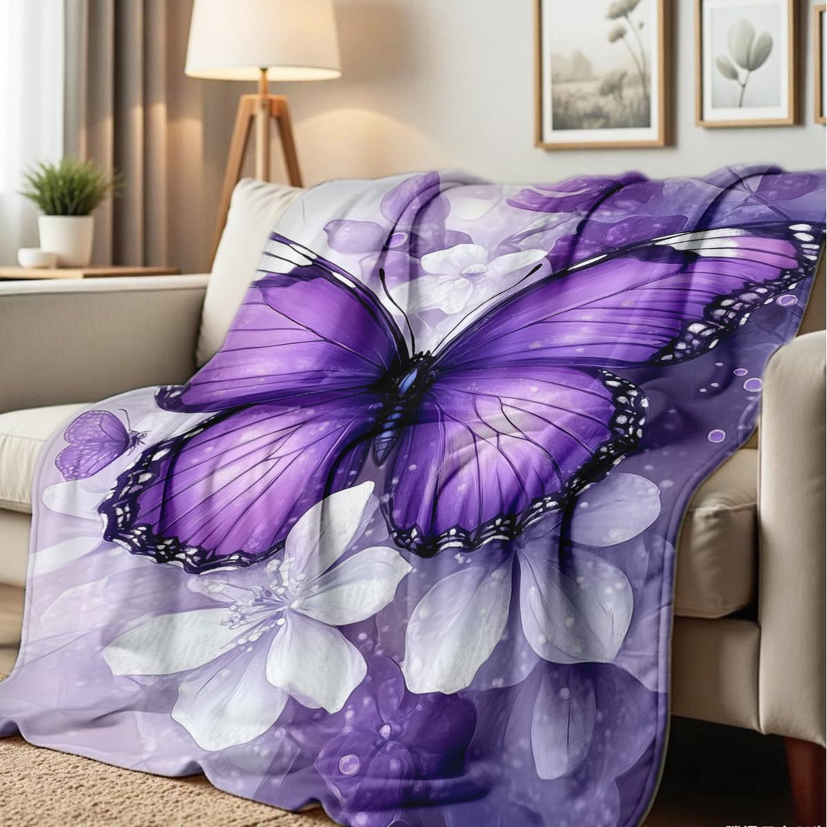 HUNXIAOJ Printed Bed Blanket Purple Butterfly Throws Soft Flannel Blanket Butterfly Gifts for Adults Kids Couch Butterflies Decor for Sofa Bed Office (49"x59")