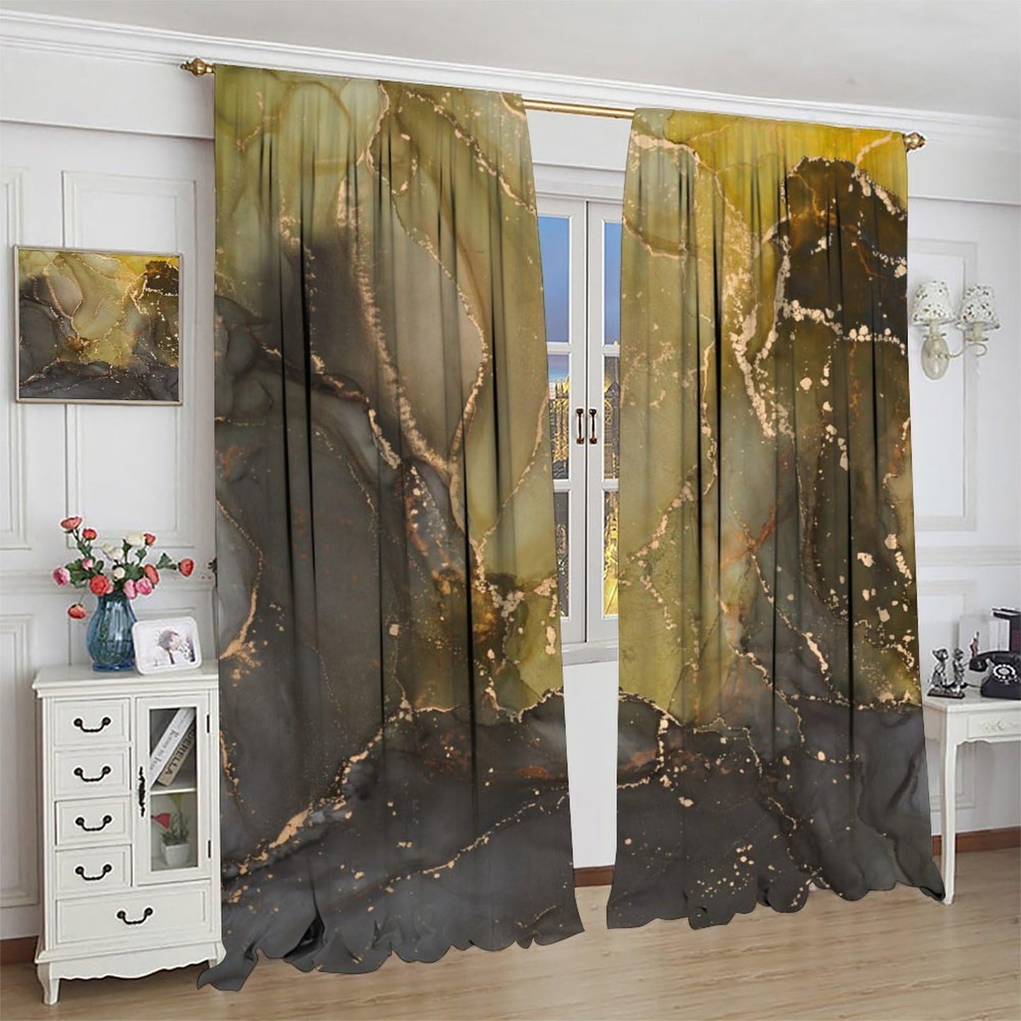 Ink Marble Kitchen Curtains Aesthetics Abstract Golden Foil Inked Textured Moss Green and Charcoal Grey Modern Rod Pocket Window Treatments for Bedroom Living Room 2 Panels Set 41" x 45"（No Blackout）