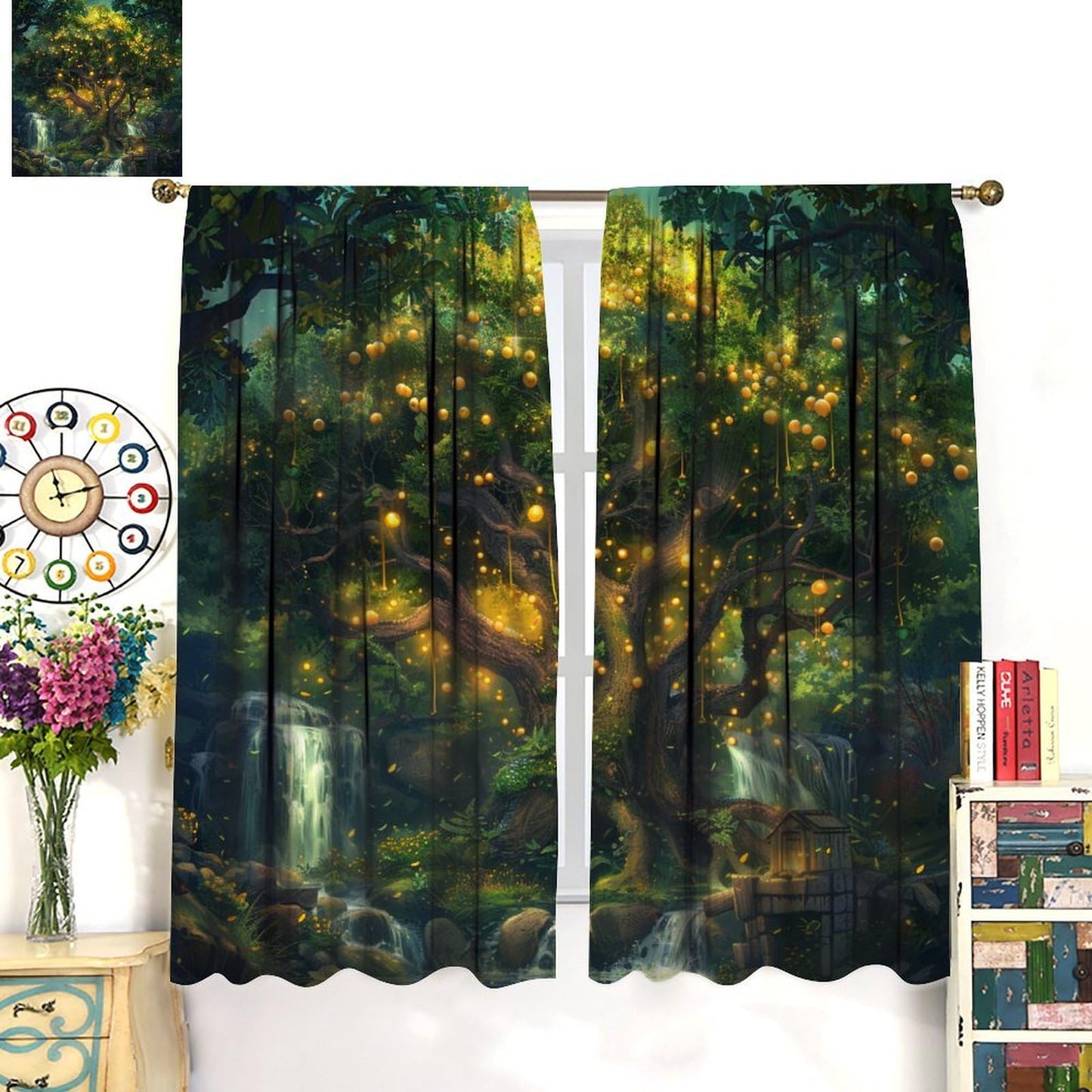 TOWINSFB Beautiful Tree Blackout Curtains, Golden Fruit Waterfall Rural Landscape Home Decor Rod Pocket Window Drapes for Living Room Bedroom- 2 Panels, Each 45" L x 21" W