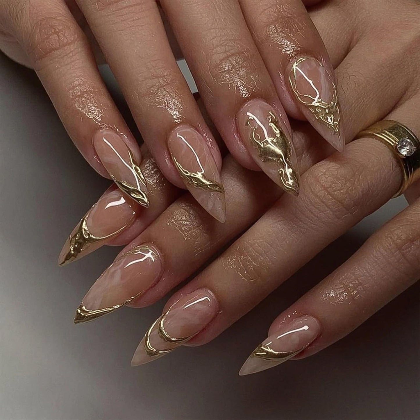 SINHOT Stiletto Glue on Nails - Long, Almond Artificial Nails with Marble Ombre, 3D Gold Chrome Design - 24 pcs