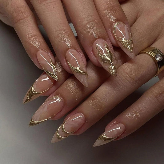 SINHOT Stiletto Glue on Nails - Long, Almond Artificial Nails with Marble Ombre, 3D Gold Chrome Design - 24 pcs