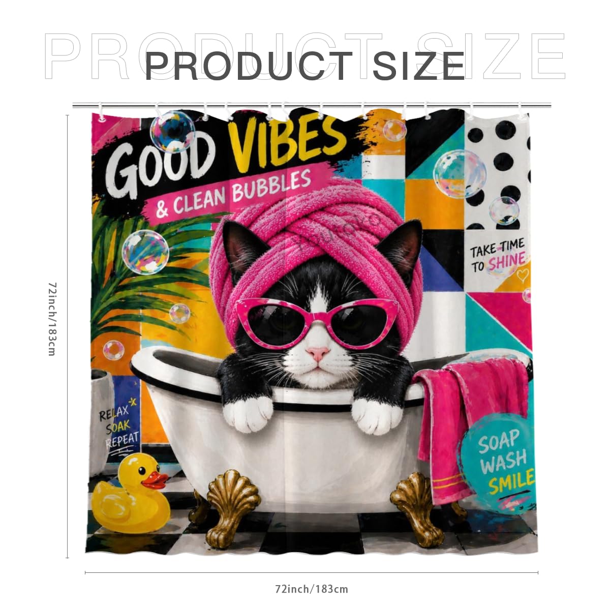 Youtoko Funny Tuxedo Cat Shower Curtain with Sunglasses and Towel in Bubble Bath 72x72 12 Hooks Waterproof Washable Polyester Bathroom Decor