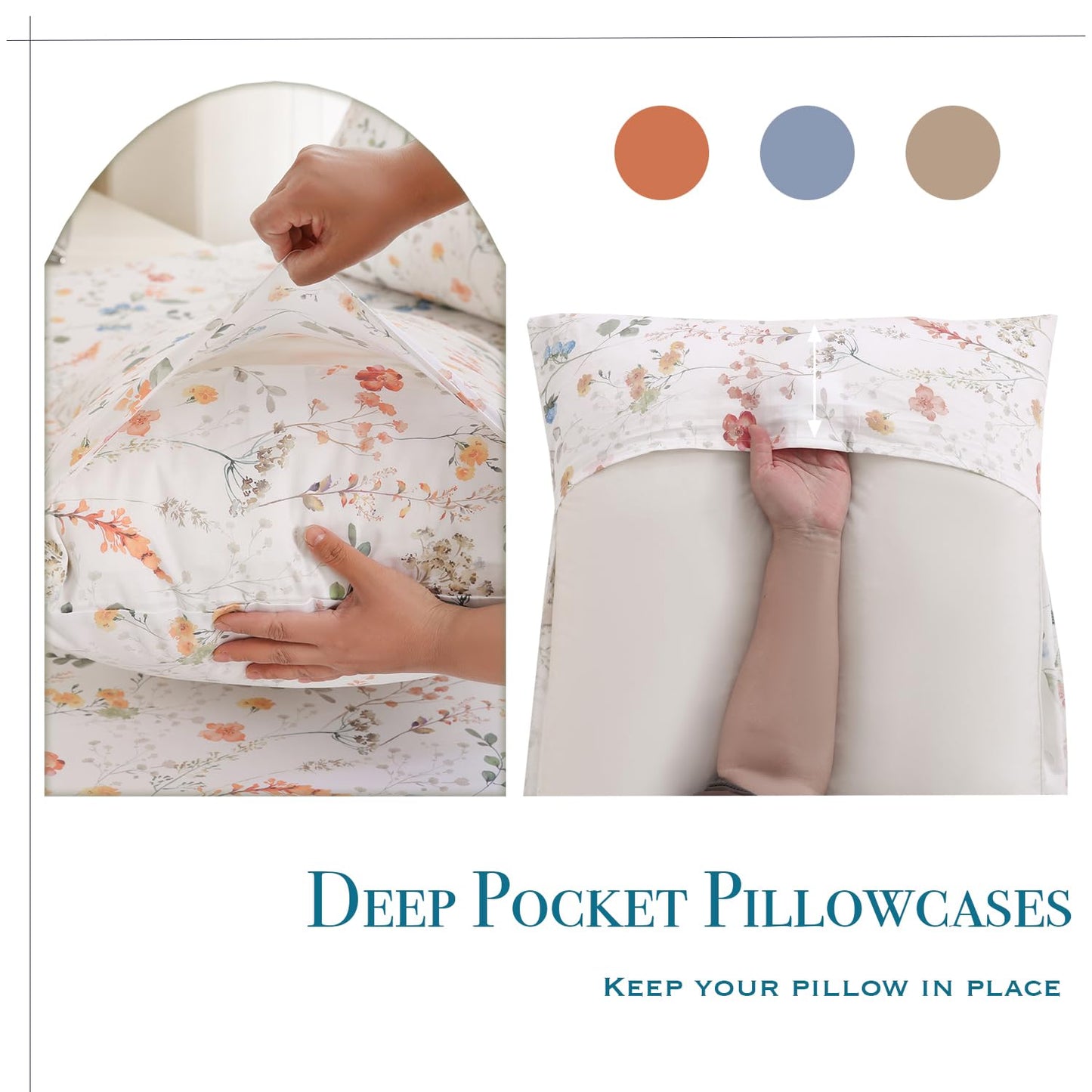 Zusbest Queen Sheet Set Floral Patterned 100% Percale Cotton Orange Blue Flower Sheets Set Green Botanical Printed on White Deep Pocket Fitted Sheets, Crisp Soft Breathable for Hot Sleepers, 4 Pcs