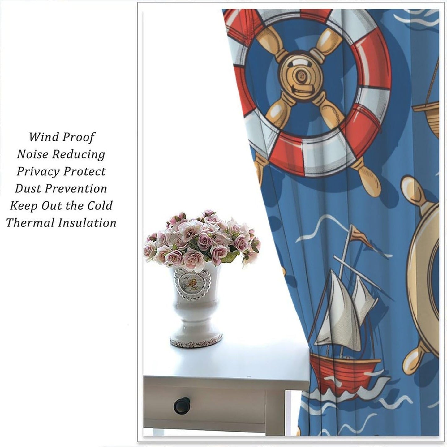 HDESDIS Cartoon Nautical Sailboat Blackout Curtains for Bedroom Living Room, Rod Pocket Ocean Boat Rudder Life Buoy Curtains Thermal Insulated Window Drapes 2 Panels, Each 21W x 45L
