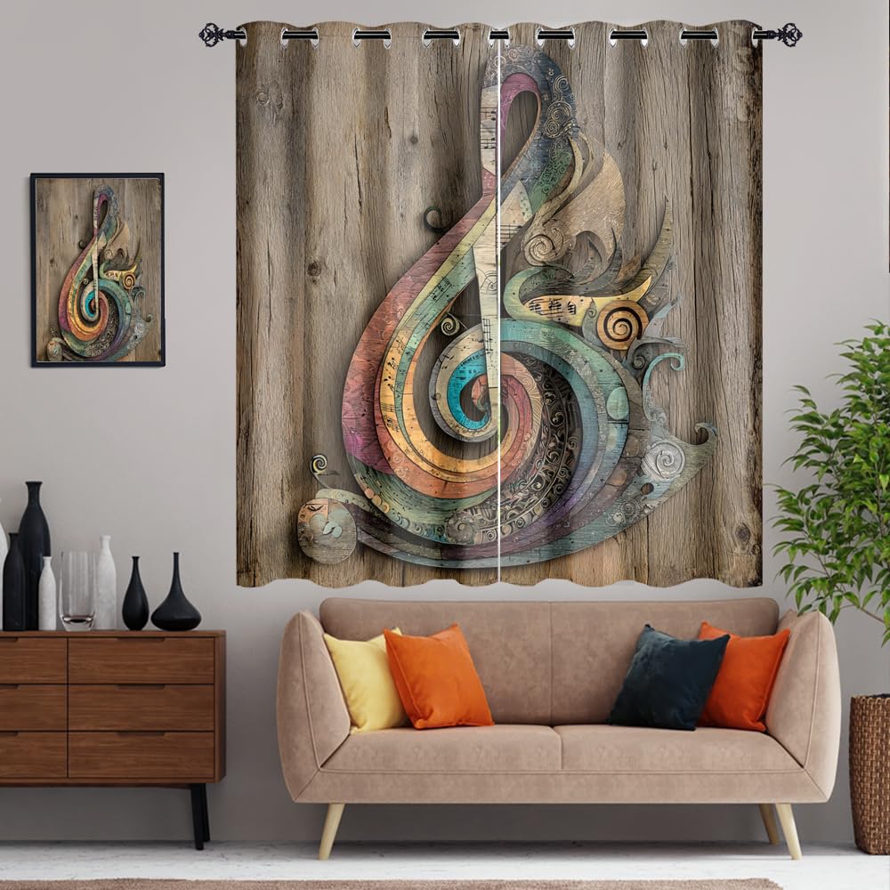 XSUPFLYM Retro Classic Musical Note Privacy Perforated Curtains Modern Realistic Wooden Wall Music Note Curtains Top Grommets Window Treatment 2 Panels.Each 21" W x 45" L