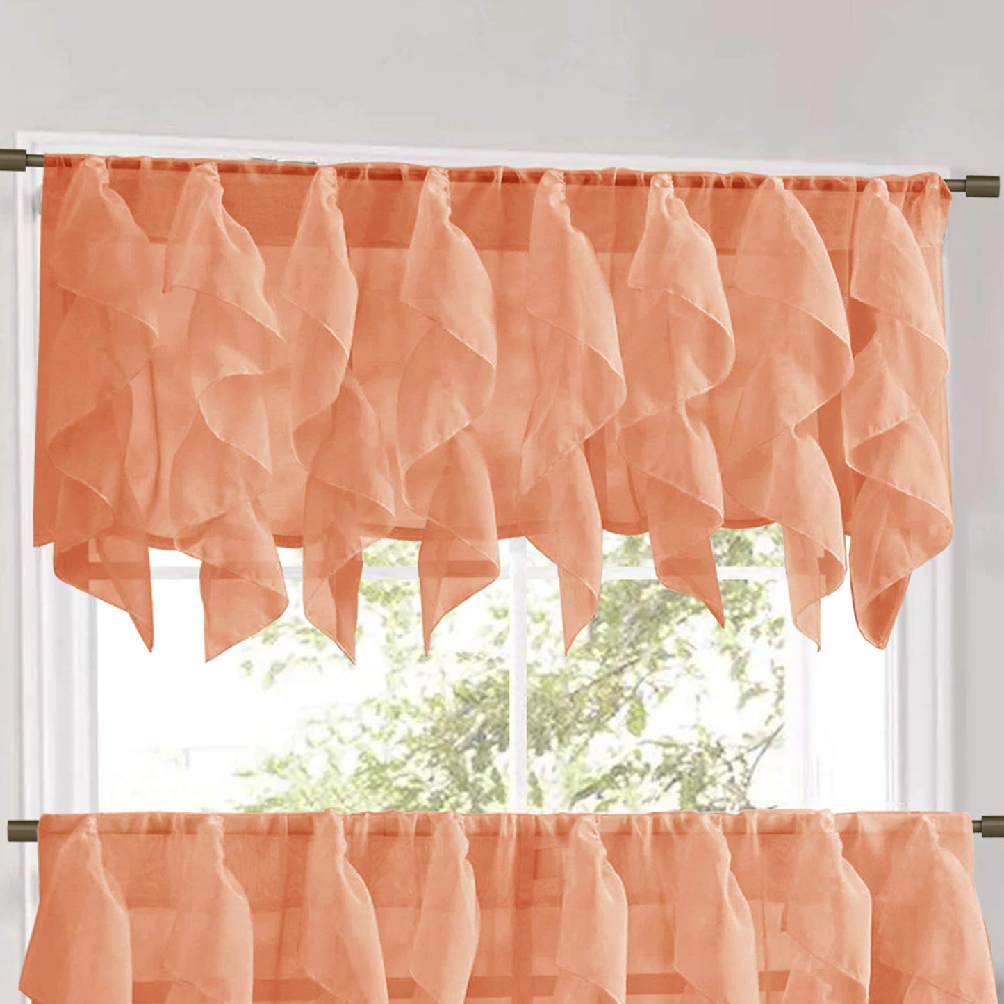 Veritcal Ruffled Kitchen Curtain Sheer Cascading Ruffle Waterfall Window Treatment - Choice of Valance, 24" or 36" Tier, and Kit (Kitchen Curtain Vertical Ruffle)