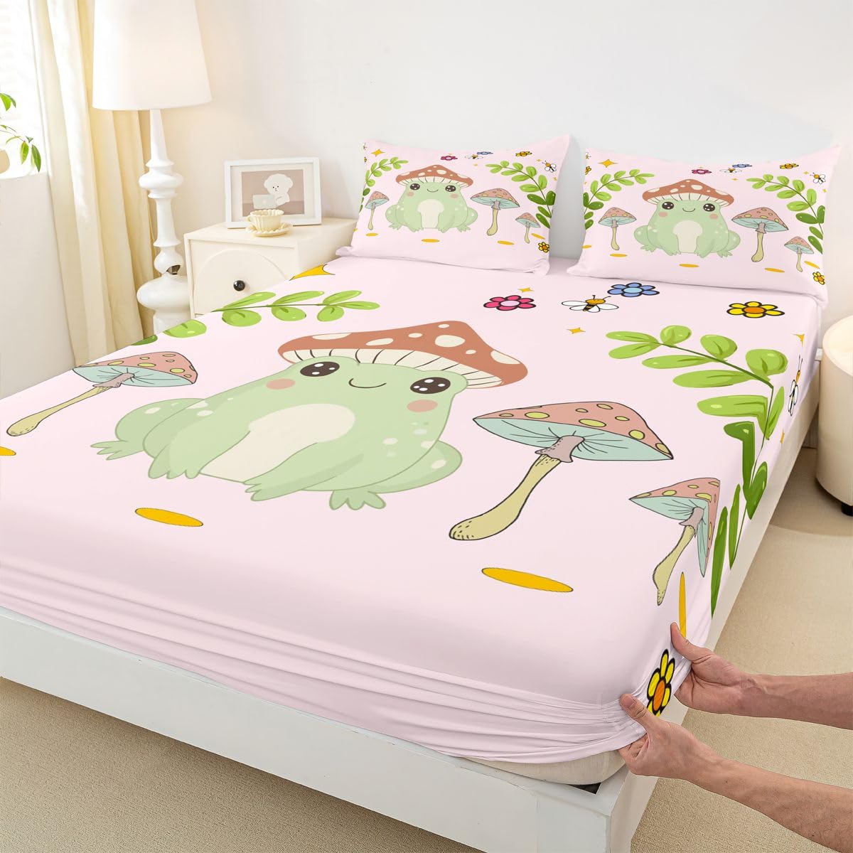 Feelyou Cute Frog Bedding Fitted Sheet Mushroom Bedding Sheets for Kids Boys Girls Natural Wild Fungus Bed Sheet Set Botanical Plants Bed Cover 1 Bed Sheet Set with 2 Pillowcases Full Size
