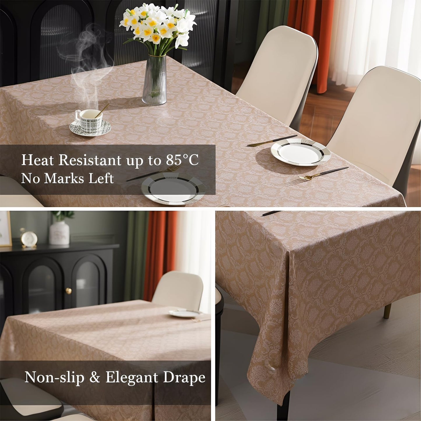 Qvthpv 55"x70" PVC Tablecloth, Waterproof Oilproof Heatproof Rectangular Table Cloth,Vinyl Mat for Kitchen Dining Holiday Party Camping (Flowers - Coffee Color)