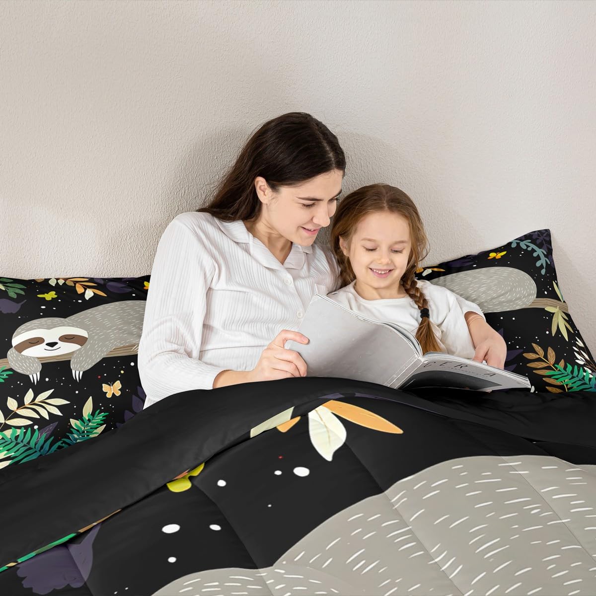 Feelyou Sloth Comforter Cute Sloth Bedding Set for Kids Boys Girls Galaxy Butterfly Comforter Set Botanical Leaves Inner Fill Duvet Set 1 Comforter Set with 2 Pillowcases Queen Size