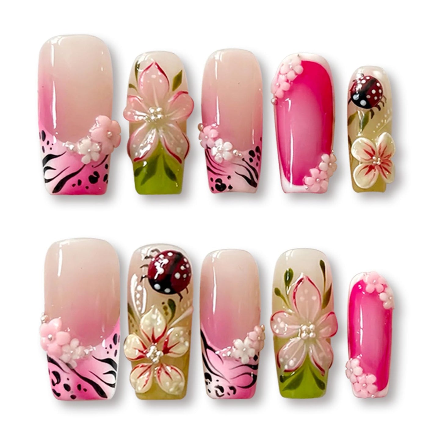 Spring Press on Nails Medium Square Fake Nails with 3D Flower Pearl Designs French Tip Nails Press ons Green Gradient Acrylic Nails for Women 24Pcs