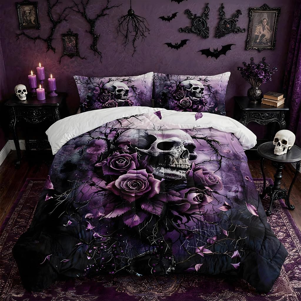 HOSIMA Death Skull Queen Bedding Sets,Skull Surrounded by Flowers Print Gothic Comforter Set,Branch Pattern Horror Themed Halloween Comforter for Women Girls Room Decor with 2 Pillowcases.