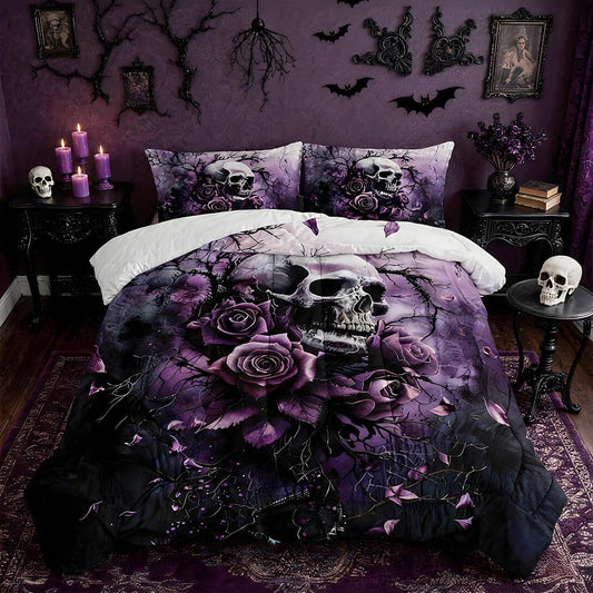 HOSIMA Death Skull Queen Bedding Sets,Skull Surrounded by Flowers Print Gothic Comforter Set,Branch Pattern Horror Themed Halloween Comforter for Women Girls Room Decor with 2 Pillowcases.