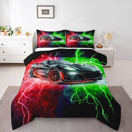 jejeloiu Racing Car Bedding Set Soft for Boys Girls, Race Car Comforter Set Twin Size Extreme Sports Duvet Quilt Microfiber Red Green Bedroom Decor 2 Pcs with 1 Pillow Cases