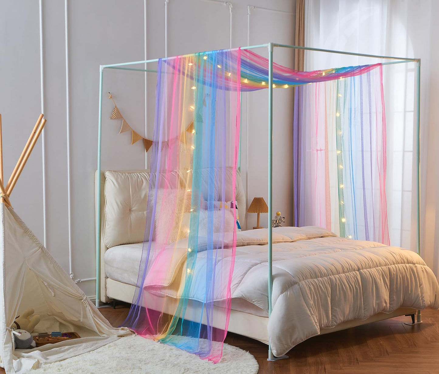 WANFASO Rainbow Bed Canopy for Girls, Sheer Twin Canopy Bed Curtains with Lights, Princess Canopy Scarf for Girls Bed Room Decor (2 Panel)