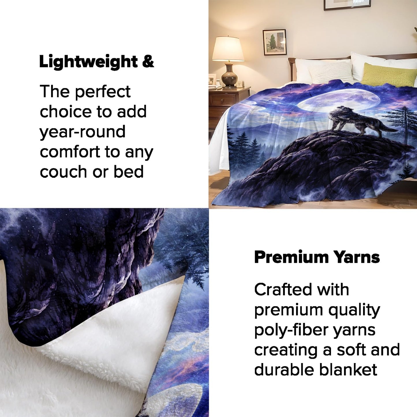 Turamurra Wolf Moon Throw Blanket Gifts for Kids Women, Howling Wolf Full Moon Night Forest Mountain Blankets for Home, Living Room, Bedroom Decor, Flannel Plush 50"x60"