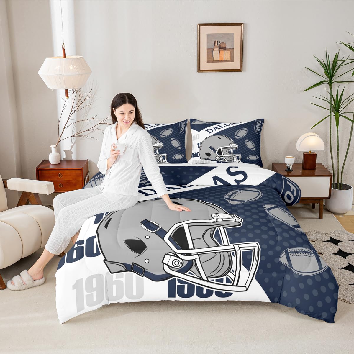 Feelyou Football Bedding Set Soft for Boys Girls, Dallas Comforter Set Full Size Football City Duvet Quilt Microfiber Bedroom Decor 3 Pcs with 2 Pillow Cases