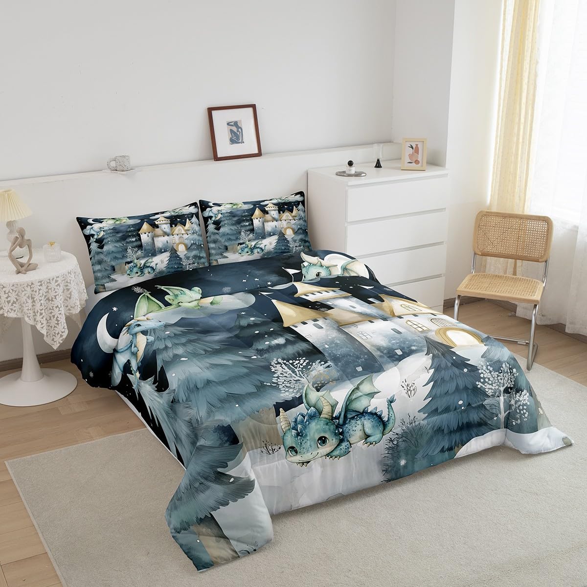 Kids Boys Dragon Toddler Bedding Set,Cartoon Castle Wildlife Comforter Set Bed Set Boys Men Bedroom Decor,Mystery Night Jungle Pine Trees 2 Pieces Quilt Set,Tie Dyed Duvet Insert,1 Pillow Case