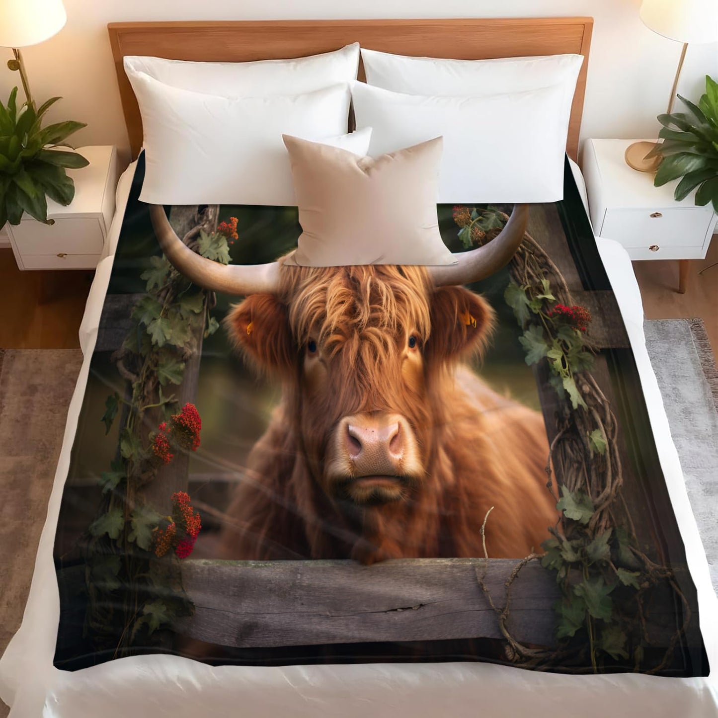 PAOABIU Highland Cattle Blankets, Farmhouse Cow Throw Blanket for Couch Bed Sofa, Brown Cow Blankets and Throws - Super Soft Cozy Plush Flannel Blanket Gifts & Decor, 66x90