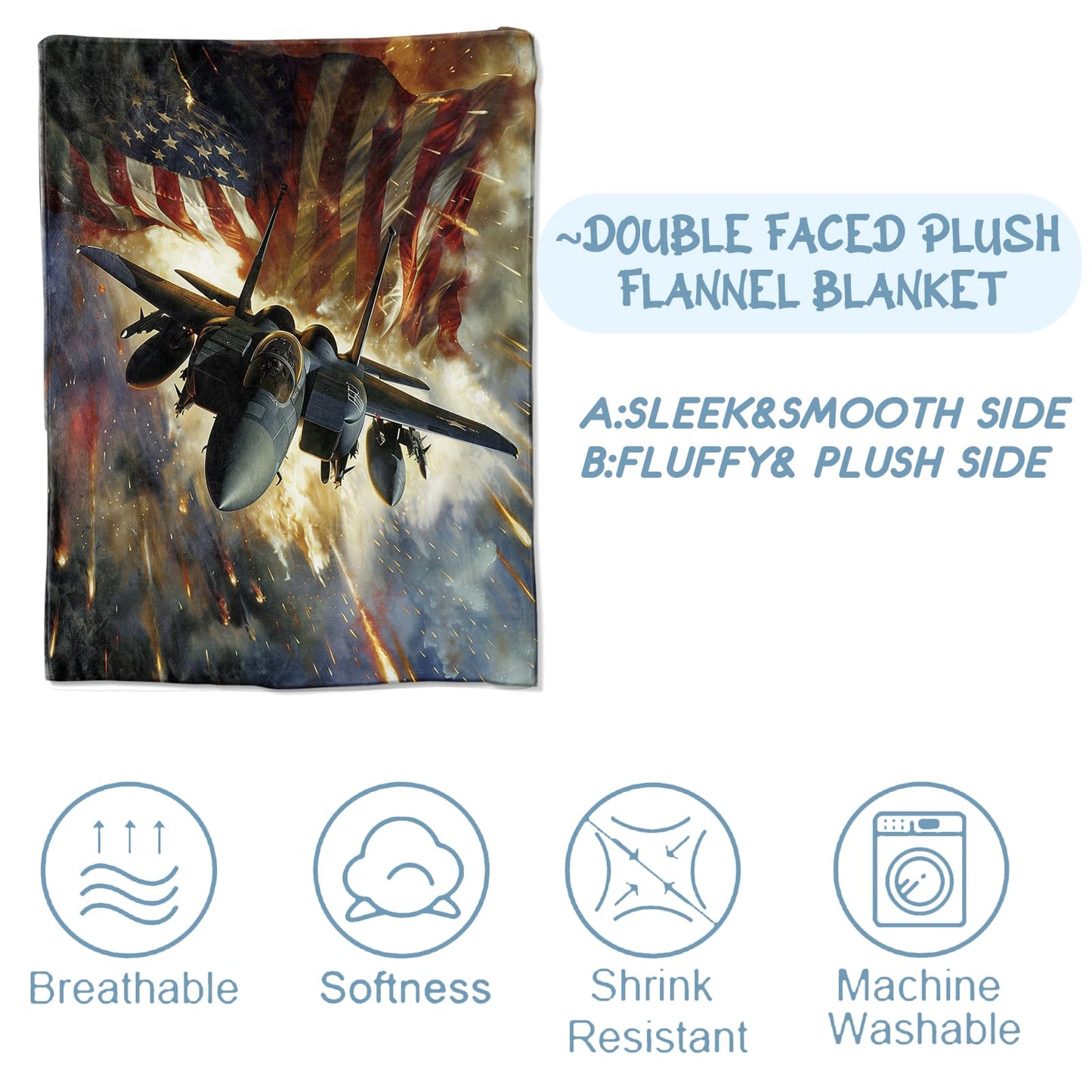 Zeleda Air Force Patriotic Blanket,Gifts for Adults,Lightweight Flannel Throw Blankets,Retro Air Fighter with American Flag Background Throws Home Decor,for Couch Living Room Office,60x50inch