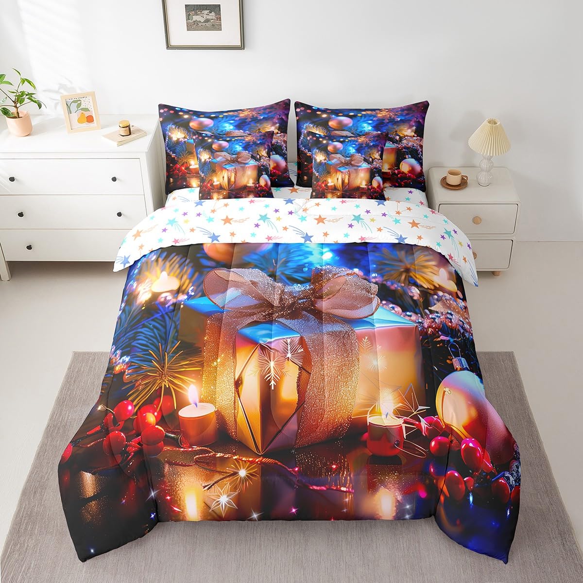 Erosebridal Merry Christmas Bedding Sets 7 Piece Twin 3D Festival Box Comforter Set Dreamy Starlight Quilt with Flat Fitted Sheet for Girls Women Xmas Decoration Bed in A Bag