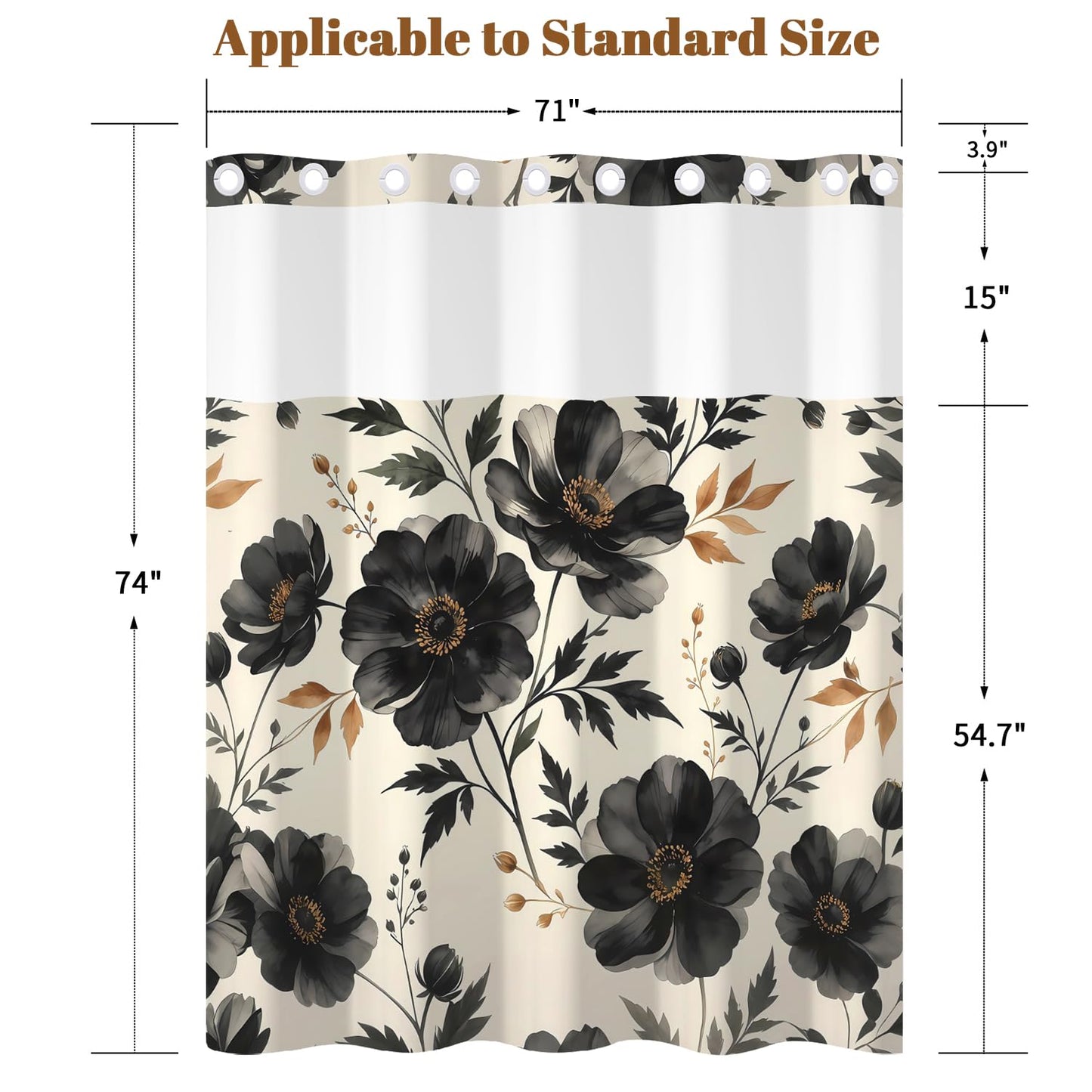 Xiazhilaio Black Floral Shower Curtain with Snap in Liner, 71x74 Inch