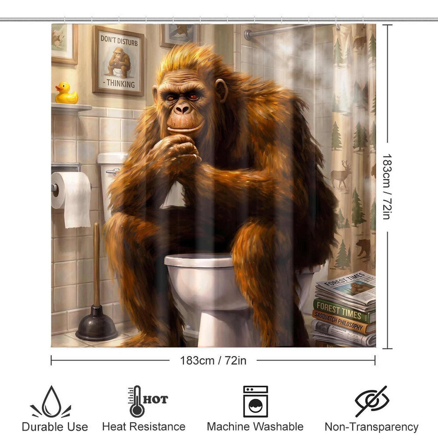 4 Piece Bigfoot Shower Curtain Sets with Non-Slip Bath Rugs, U-Shaped Mat & Toilet Lid Cover, 72x72 Inches Shower Curtain with 12 Hooks (Bigfoot Sitting On Toilet, Bigfoot Sitting On Toilet)
