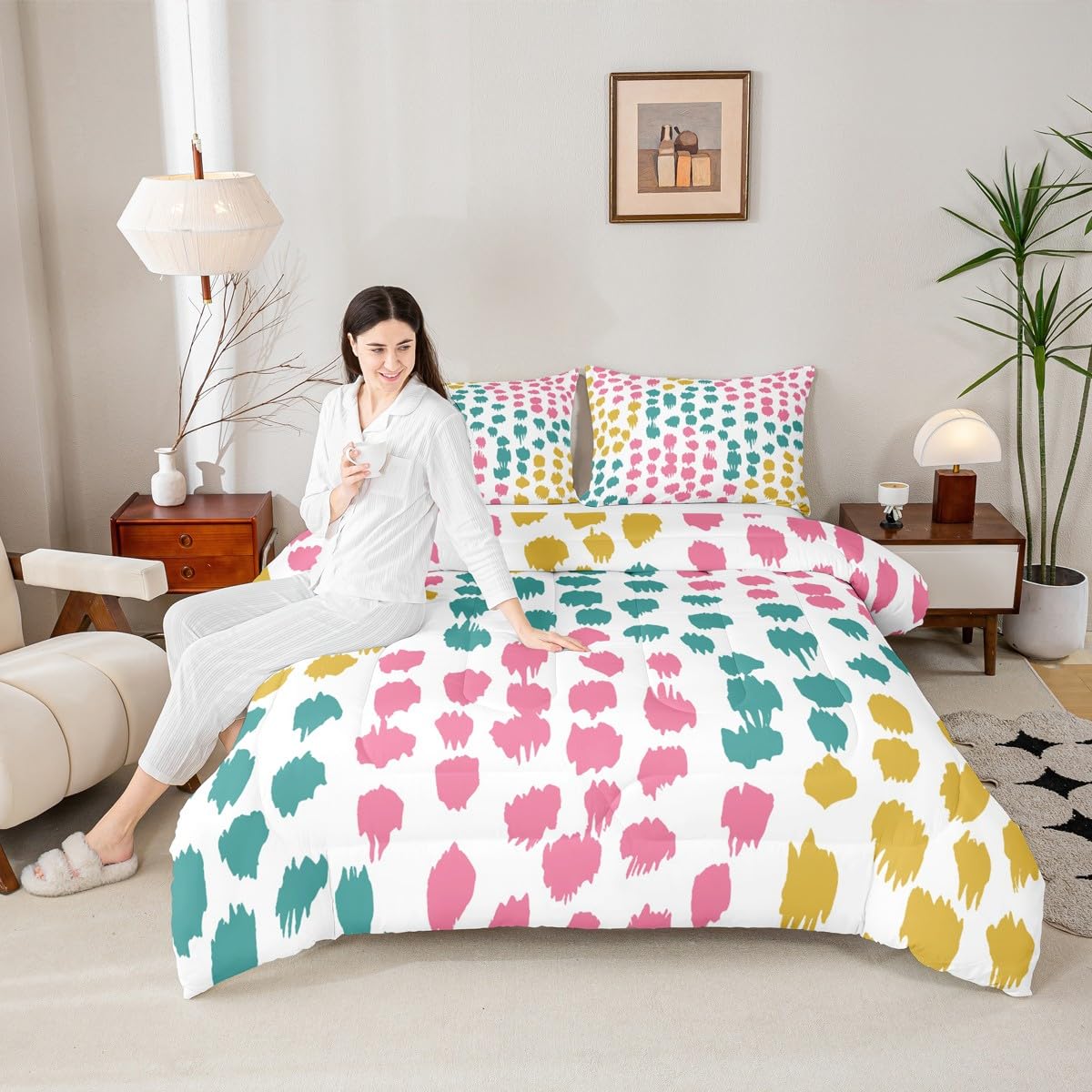 Erosebridal Abstract Spots Kids Comforter Sets Polka Dots Queen Bedding Set for Boys Girls Boho Brush Stroke Comforter Set,Geometric Circle Quilt Duvet 3 Pcs