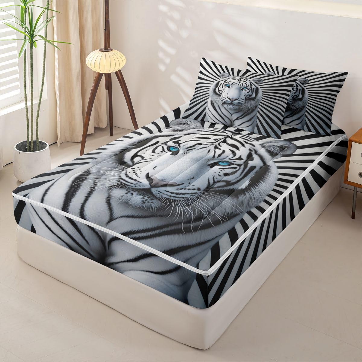 jejeloiu White Tiger Comforter Set Twin Size Zipper Bedding Set for Girls Boys 3D White Tiger Print Comforter with Fitted Sheet, Pillowcases Wildlife Zipper Bedding Soft Breathable Bed in a Bag