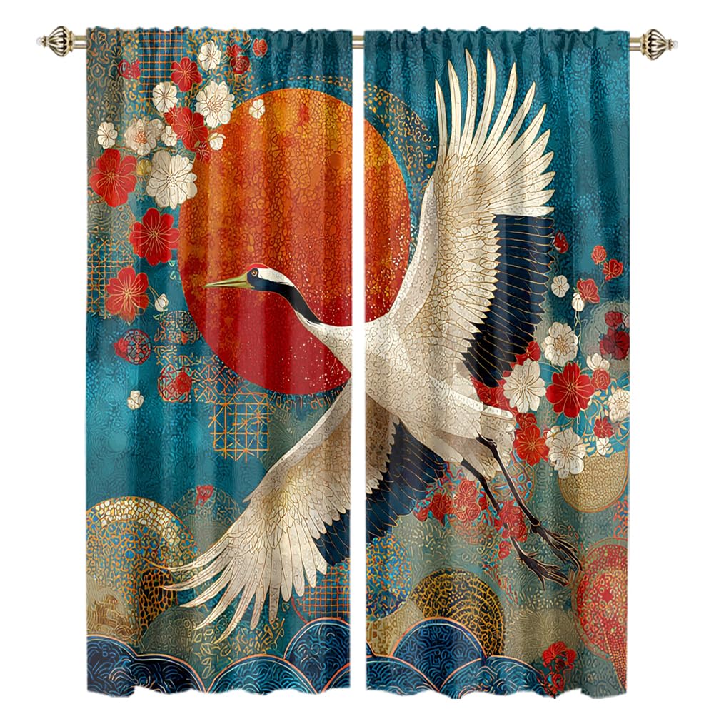XSUPFLYM Colorful Abstract Japanese Crane Blackout Curtain for Living Room Beautiful Red Sun Animal Crane Cherry Blossom Great Waves Thermal Insulated Curtain for Bedroom 2 Panels Each 21" W x 54" L